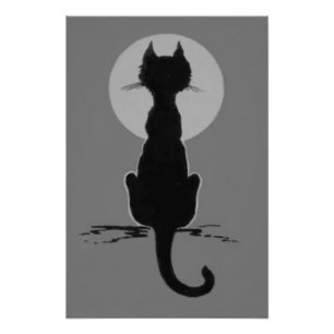 Monochrome zwarte en witte zwarte kat, volle maan foto afdruk
