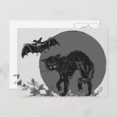 Monochrome zwarte kat vleermuis Volle maan Briefkaart (Voorkant / Achterkant)