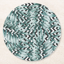 Monochrome zwarte & witte zigzag groene bladvormge ronde kartonnen onderzetter