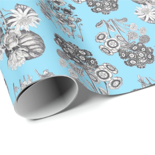 Monochroom Bloemen op Baby Blue Ground Giftwrap Cadeaupapier (Rol Hoek)