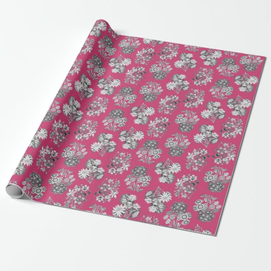 Monochroom Bloemen op Cerise Achtergrond Giftwrap Cadeaupapier (Uitgerold)