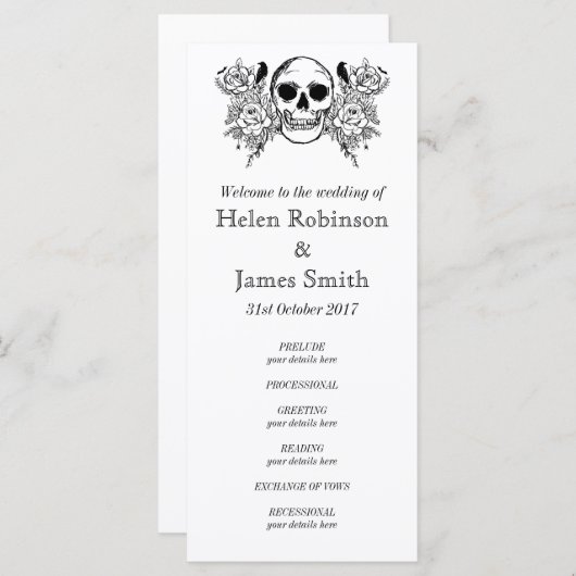 Monochroom Bloemen schedel tattoo bruiloft program Programmakaart (Voorkant / Achterkant)