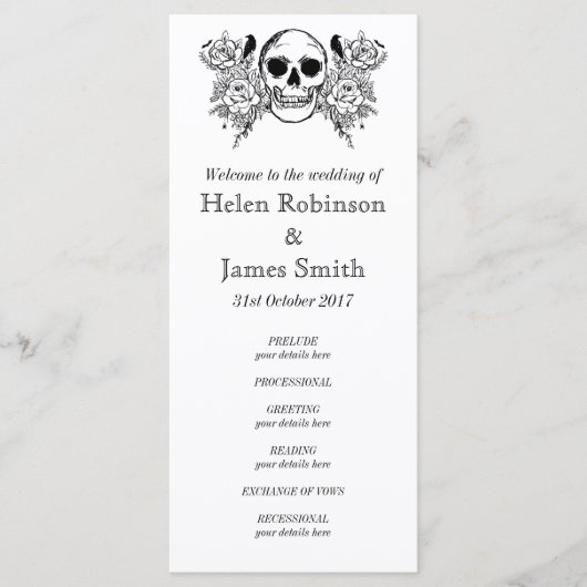 Monochroom Bloemen schedel tattoo bruiloft program Programmakaart (Voorkant)