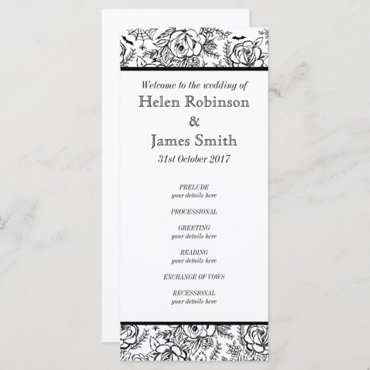 Monochroom Bloemen tattoo bruiloft programma Programmakaart (Voorkant / Achterkant)