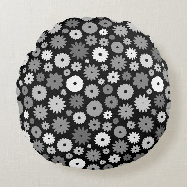Monochroom Bloemenpatroon Rond Kussen (Voorkant)