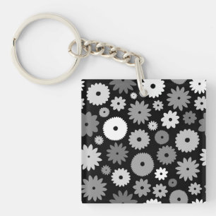 Monochroom Bloemenpatroon Sleutelhanger