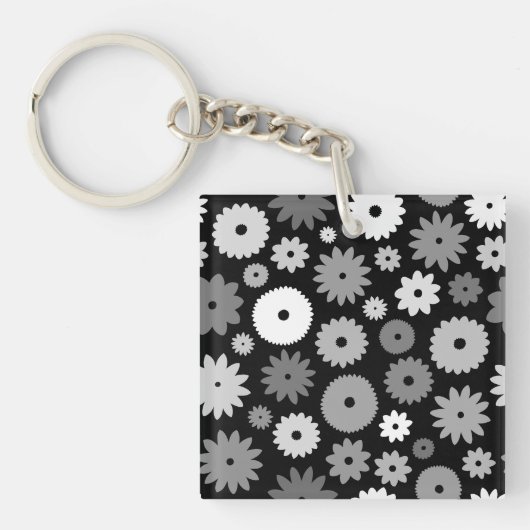 Monochroom Bloemenpatroon Sleutelhanger (Voorkant)