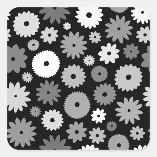 Monochroom Bloemenpatroon Vierkante Sticker (Voorkant)