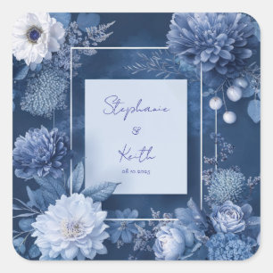 Monochroom Bloemmotief Marineblauw Wit Modern Vier Vierkante Sticker