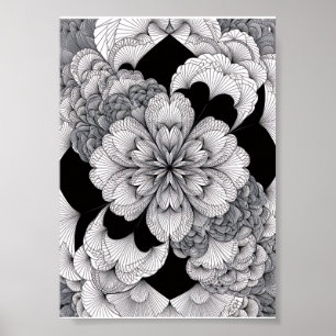 Monochroom Bloemrijk Mandala Elegant Zwart en Wit Poster