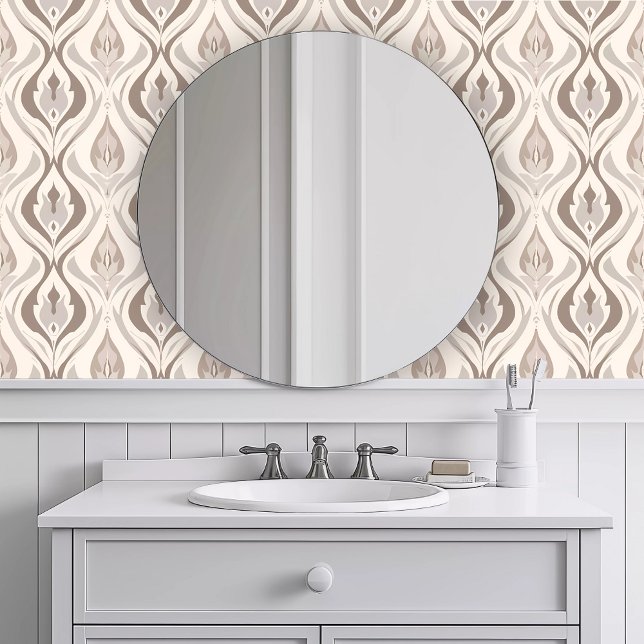 Monochroom bruine slierten behang (Monochromatic Brown Whisps Wallpaper in a white bathroom.)