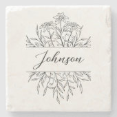 Monochroom geschetst bloemrijk monogram stenen onderzetter (Voorkant)