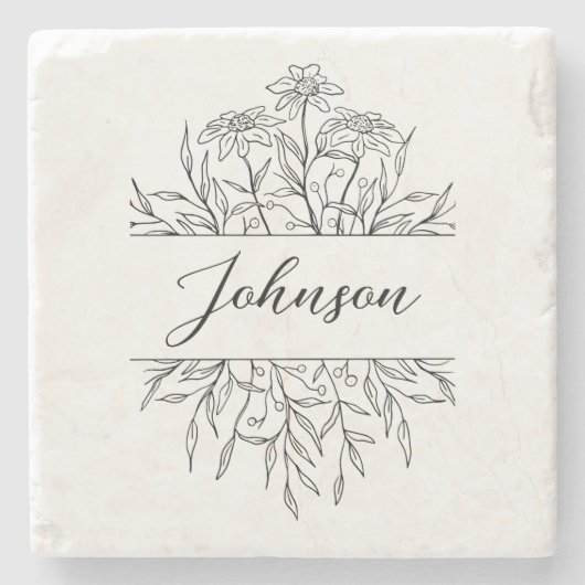 Monochroom geschetst bloemrijk monogram stenen onderzetter (Voorkant)