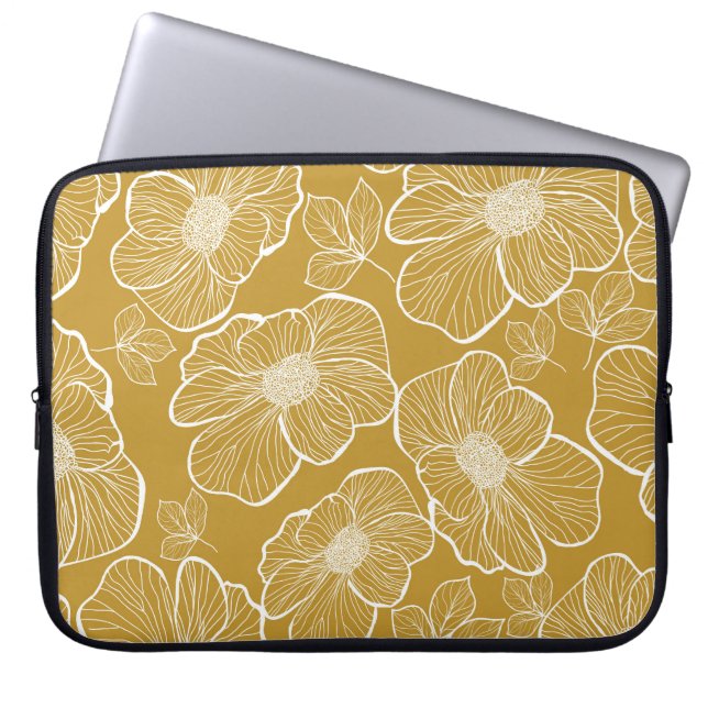 Monochroom Gouden Bloemen: Abstract Naadloos Laptop Sleeve (Voorkant)