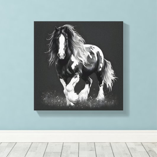 Monochroom Gypsy Cob Paard Canvas Afdruk (Insitu (Houten vloer))