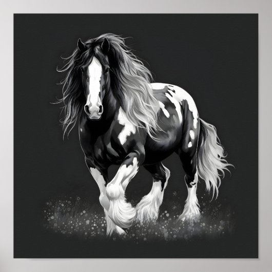 Monochroom Gypsy Cob Paard Poster (Voorkant)