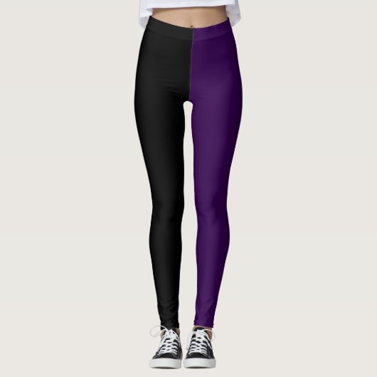 Monochroom Half Zwart Half Diep Paars Leggings (Voorkant)
