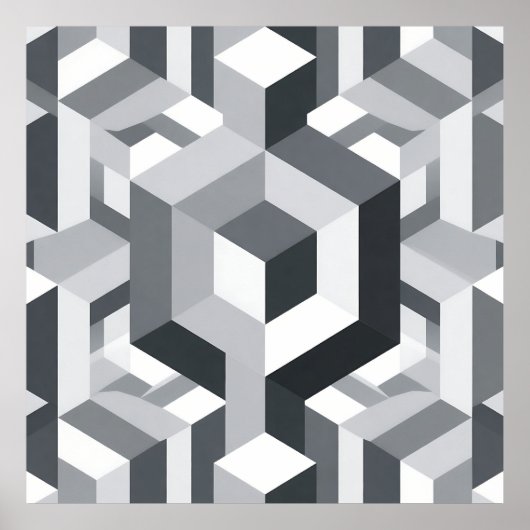 Monochroom Isometrisch Kubuspatroon Poster (Voorkant)