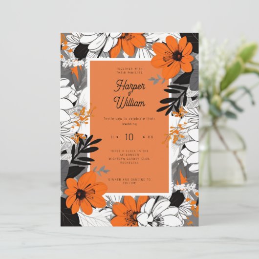 Monochroom lijn art bloemen bruiloft kaart (Staand voorkant)