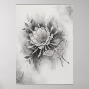 Monochroom Lotus Luna Mot Botanische Poster