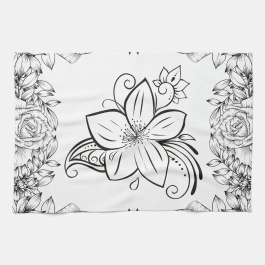 Monochroom Mooie Bloem, Grafisch Kunstwerk Theedoek (Horizontaal)