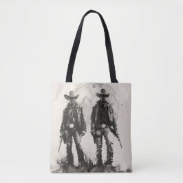 Monochroom paar cowboys tote bag