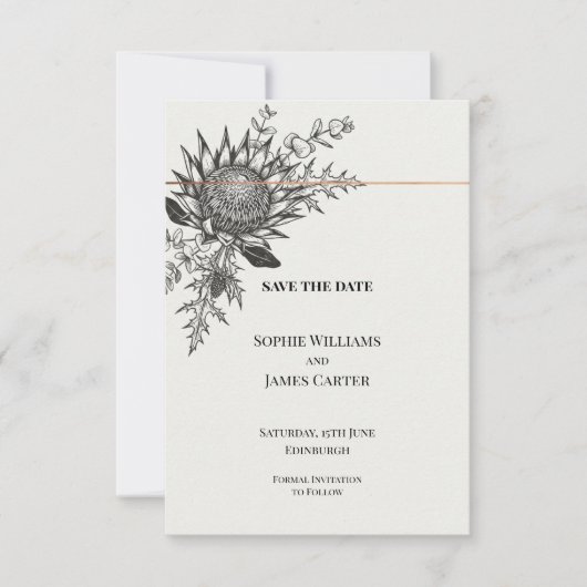 Monochroom Protea Distel Trouw Save the Date (Voorkant)
