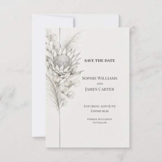 Monochroom Protea Eucalyptus Save the Date (Voorkant)
