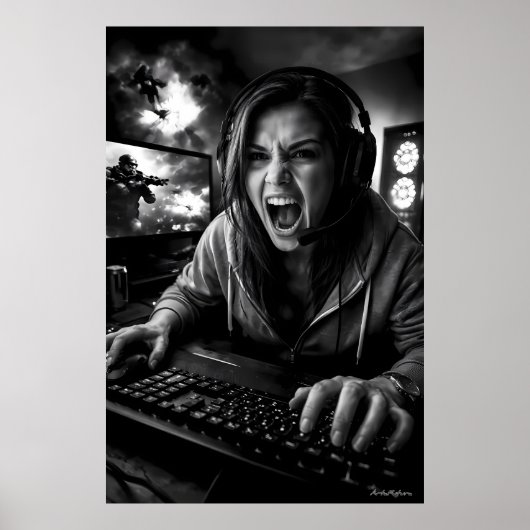 Monochroom Razernij Gamer Portret Poster (Voorkant)