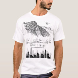 Monochroom stadsgezicht berglandschap zwart-wit ku t-shirt