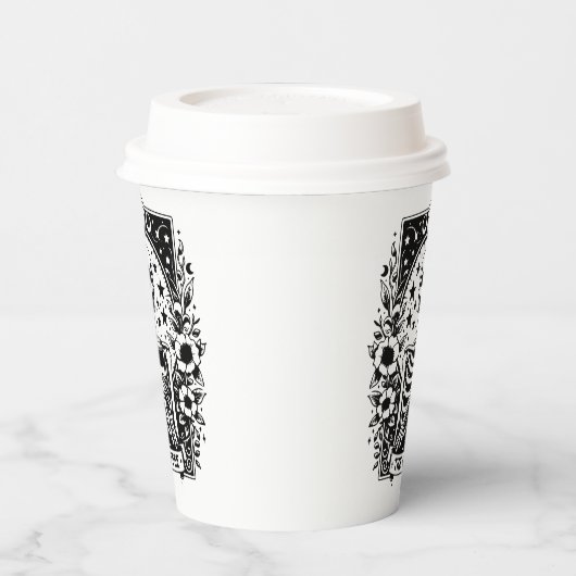 Monochroom "The Coffee" skelet Tarot Kaart | Papieren Bekers (Links)
