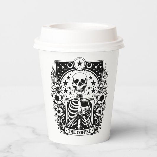 Monochroom "The Coffee" skelet Tarot Kaart | Papieren Bekers (Achterkant)
