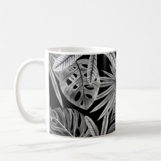 Monochroom Tropisch, Waterverf bladeren textuur. Koffiemok