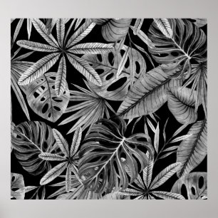 Monochroom Tropisch, Waterverf bladeren textuur. Poster