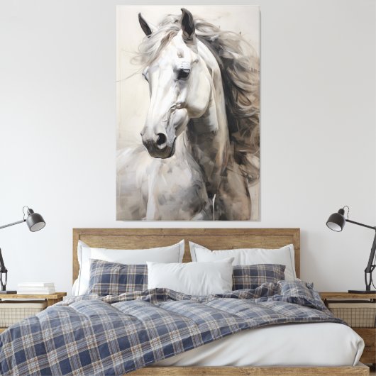 Monochroom wit paard | Het grote Schilderen van de Canvas Afdruk (Insitu (Slaapkamer))