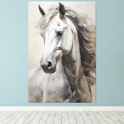 Monochroom wit paard | Het grote Schilderen van de Canvas Afdruk (Insitu (Houten vloer))