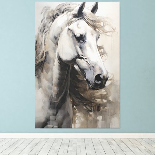 Monochroom wit paard | Het grote Schilderen van de Canvas Afdruk (Insitu (Houten vloer))