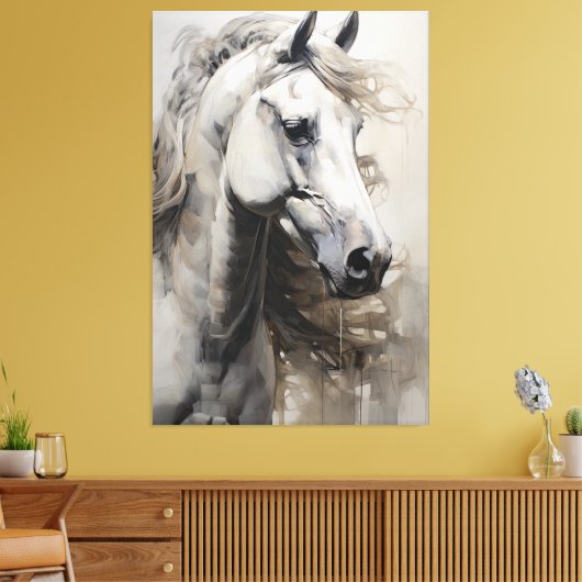 Monochroom wit paard | Het grote Schilderen van de Canvas Afdruk (Insitu (Woonkamer))