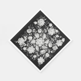 Monochroom zwart-wit bloemmotief volkskunst servet