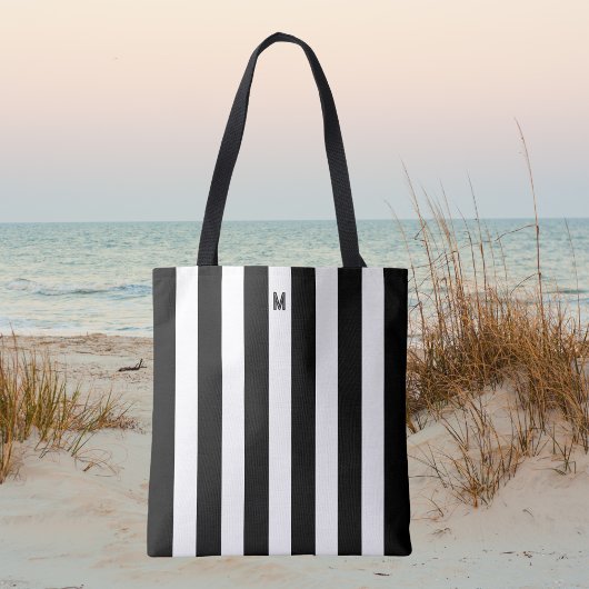 Monochroom zwart-wit cabana streepmonogram tote bag
