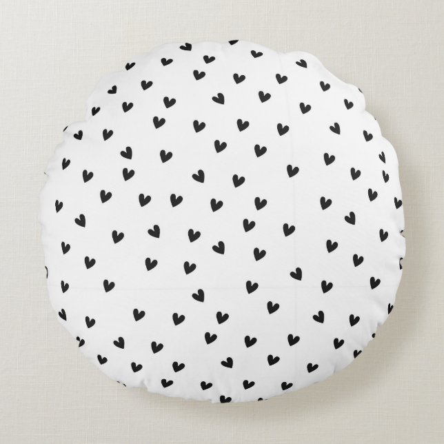 Monochroom zwart-wit hartpatroon rond kussen (Voorkant)