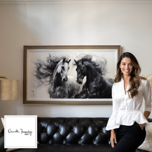 Monochroom Zwart Wit Paarden   Grote kunst aan de  Canvas Afdruk