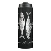 Monochroom zwart-wit sardine kunst aangepaste naam thermosbeker (Voorkant)