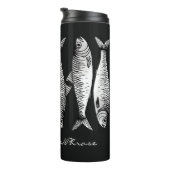 Monochroom zwart-wit sardine kunst aangepaste naam thermosbeker (Geroteerd rechts)