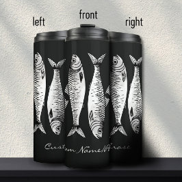 Monochroom zwart-wit sardine kunst aangepaste naam thermosbeker
