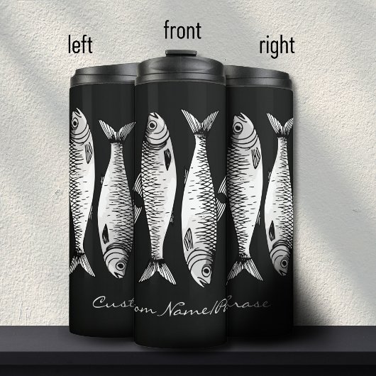 Monochroom zwart-wit sardine kunst aangepaste naam thermosbeker