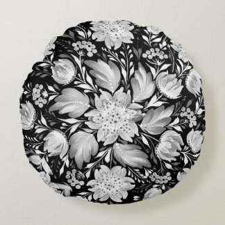 Monochroom zwart-wit volks kunst rond kussen