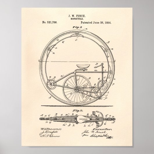 Monocycle 1894 Patent Art Old Peper Poster (Voorkant)