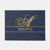 Monogame Navy Blauwe Gouden Stippen Huwelijk Deurmat (Voorkant)