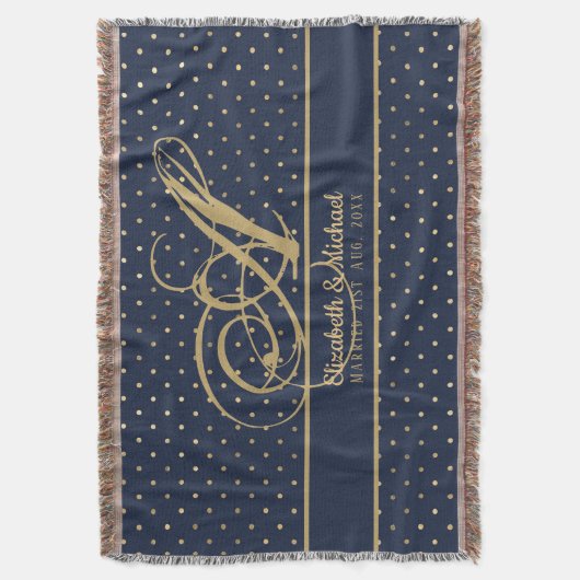 Monogame Navy Blauwe Gouden Stippen Huwelijkssluit Deken (Voorkant Verticaal)